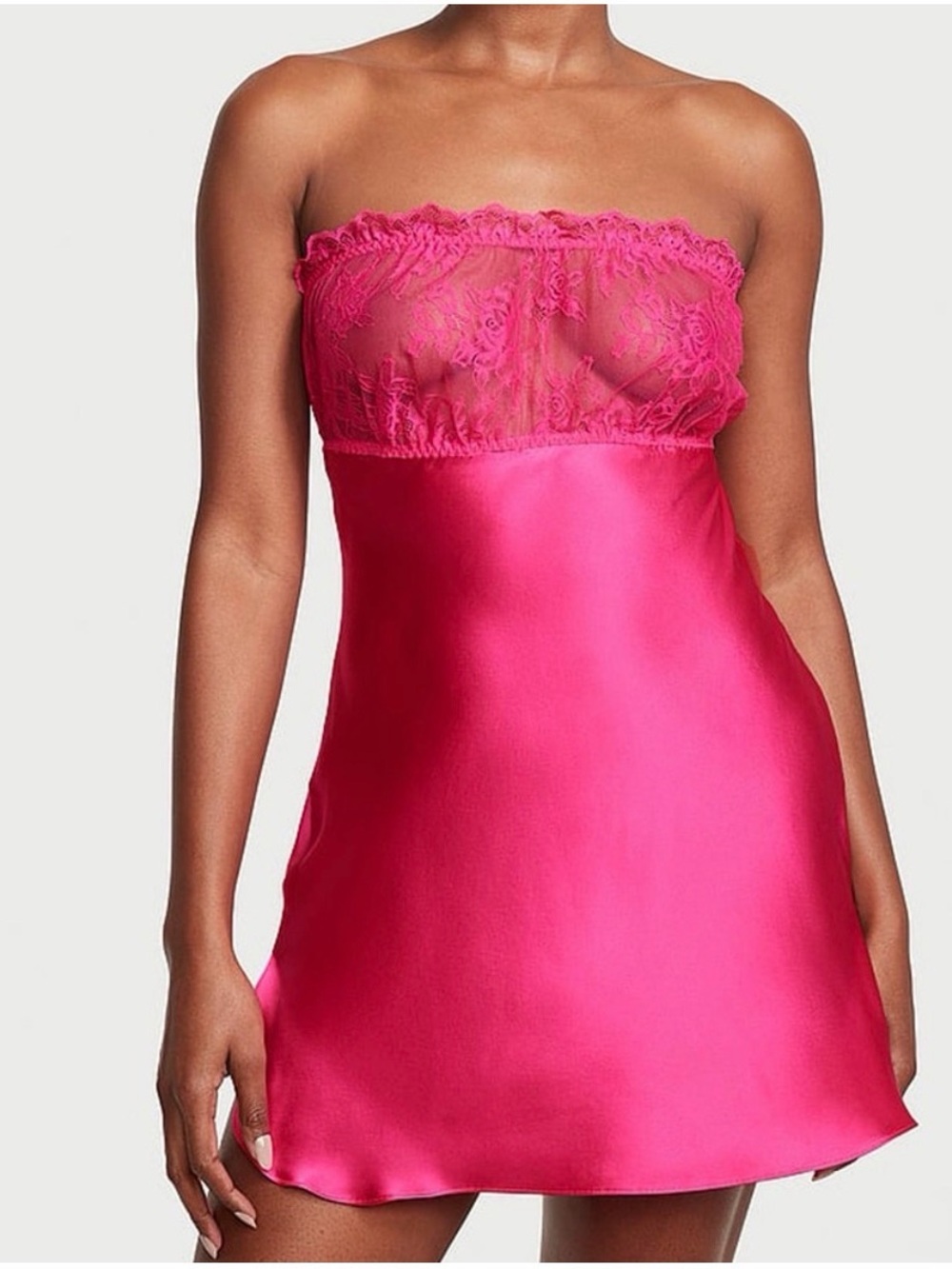 Victoria's Secret Archives Hot Pink Lace Top Silk Strapless Slip